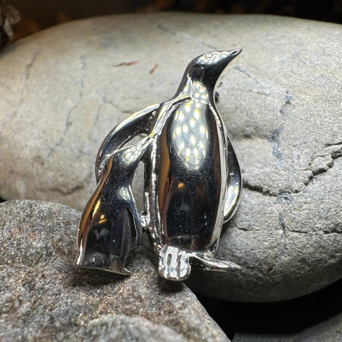 Load image into Gallery viewer, Penguin Brooch, Mother and Child Jewelry, Sterling Silver Brooch, Animal Pin, Family Pin, Mom Gift, Mothers Day Gift, Artisan Pin, Penguins