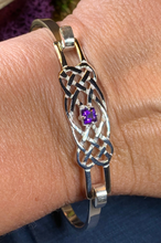 Load image into Gallery viewer, Solid sterling silver Celtic bangle bracelet with authentic amethyst stone. Celtic knot work bracelet crafted from sterling silver with a 1 carat square cut amethyst stone with deep purple color.