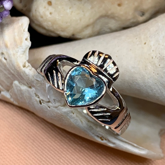 Blue Topaz Irish Claddagh Ring in Sterling Silver — view 12