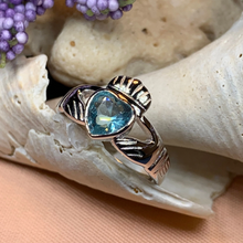 Load image into Gallery viewer, Blue Topaz Claddagh Ring