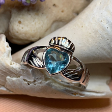 Load image into Gallery viewer, Blue Topaz Claddagh Ring
