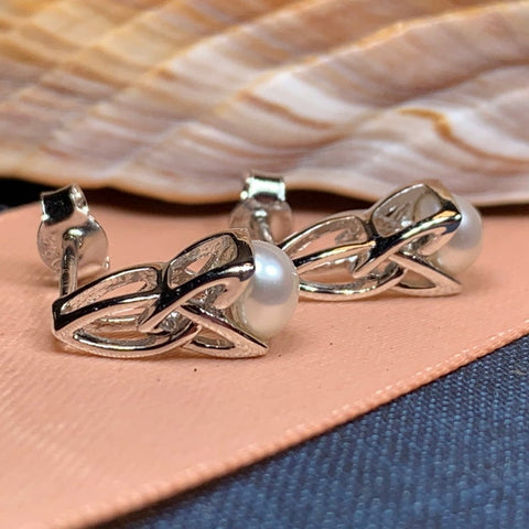 Load image into Gallery viewer, Trinity Knot Pearl Post Earring - Handmade in Ireland