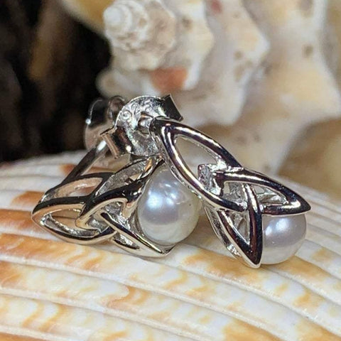 Load image into Gallery viewer, Trinity Knot Pearl Post Earring - Handmade in Ireland
