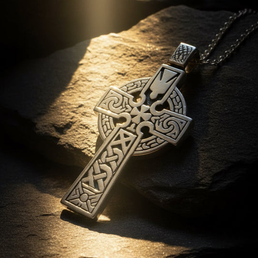 a sterling silver Celtic cross pendant based on traditional Irish cross