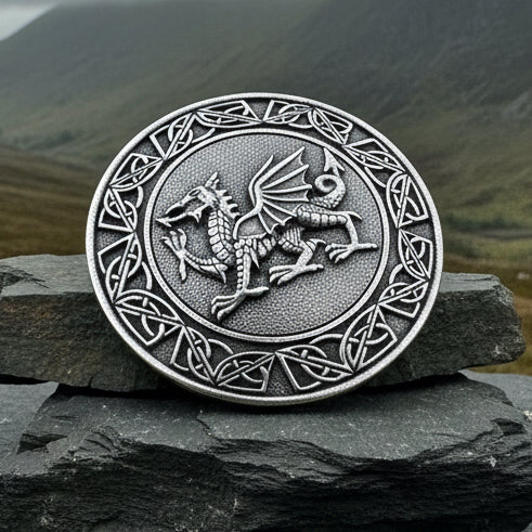 a welsh dragon fly plaid pin with Celtic design
