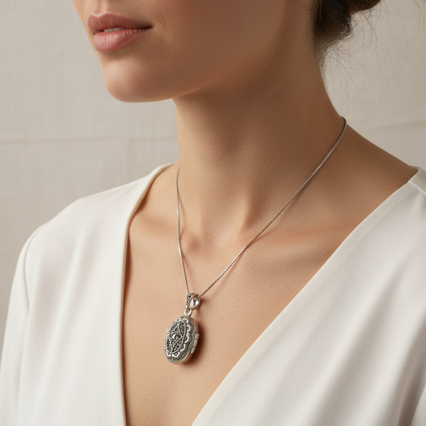 Florent Classic Oval Marcasite Locket Necklace — view 9