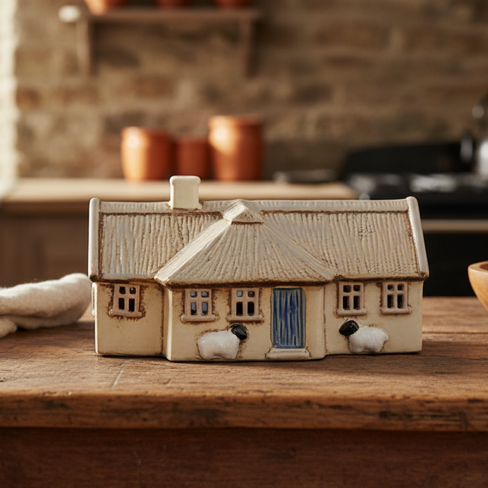 A ceramic thatched cottage-shaped container or ornament with a beige roof, blue door, and two small sheep figures, displayed on a wooden surface in a warm, rustic kitchen setting.