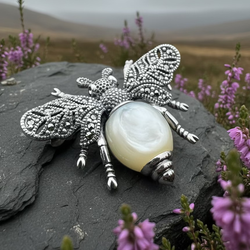 Nectara Marcasite Bee Brooch in Sterling Silver
