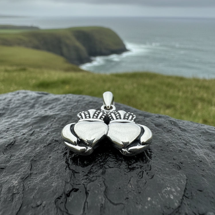 Croi Double Heart Irish Claddagh Necklace in Sterling Silver