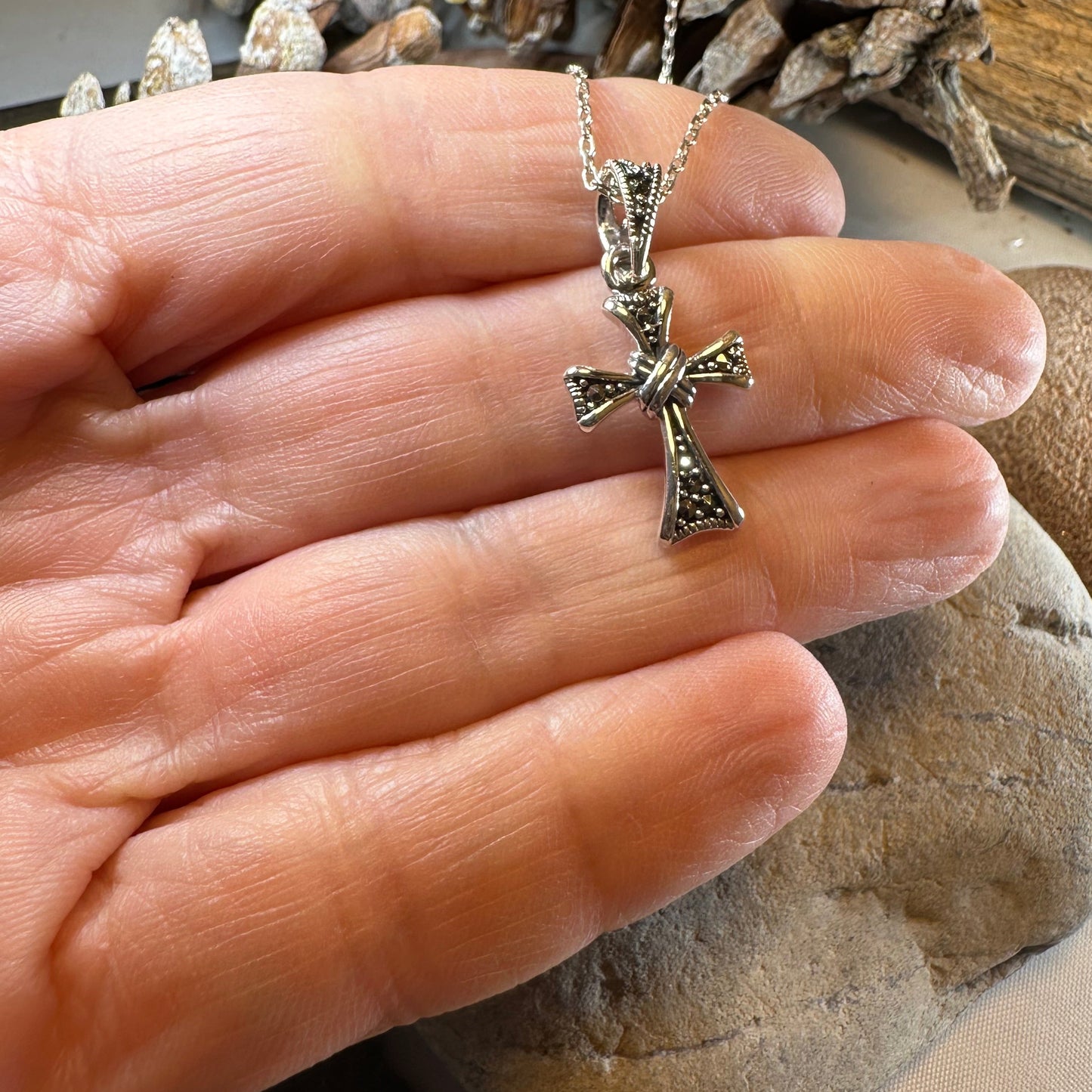 Elowen Marcasite Cross Necklace in Sterling Silver