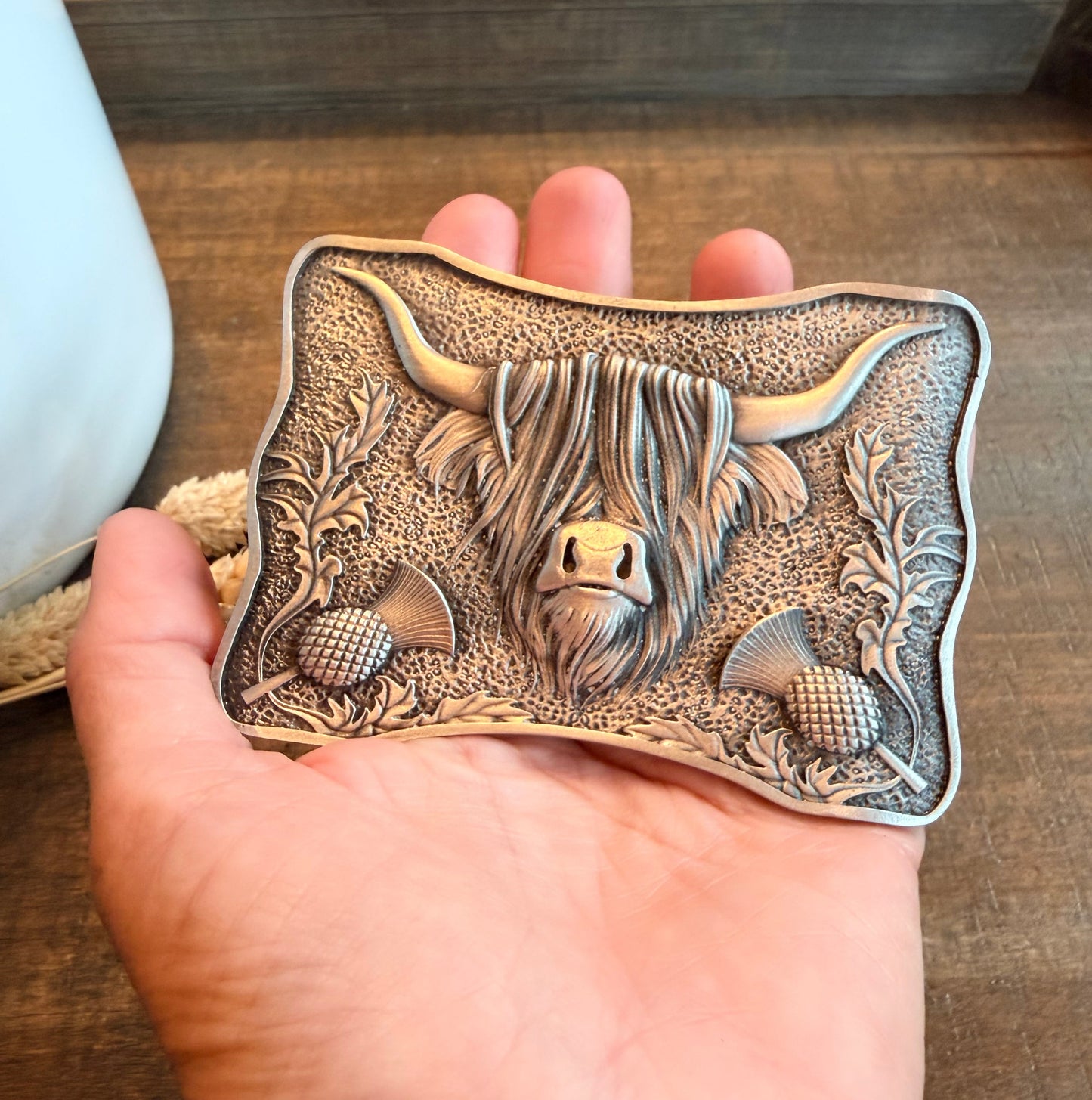 Thistle & Highland Cow Kilt Belt Buckle - Handmade in Scotland