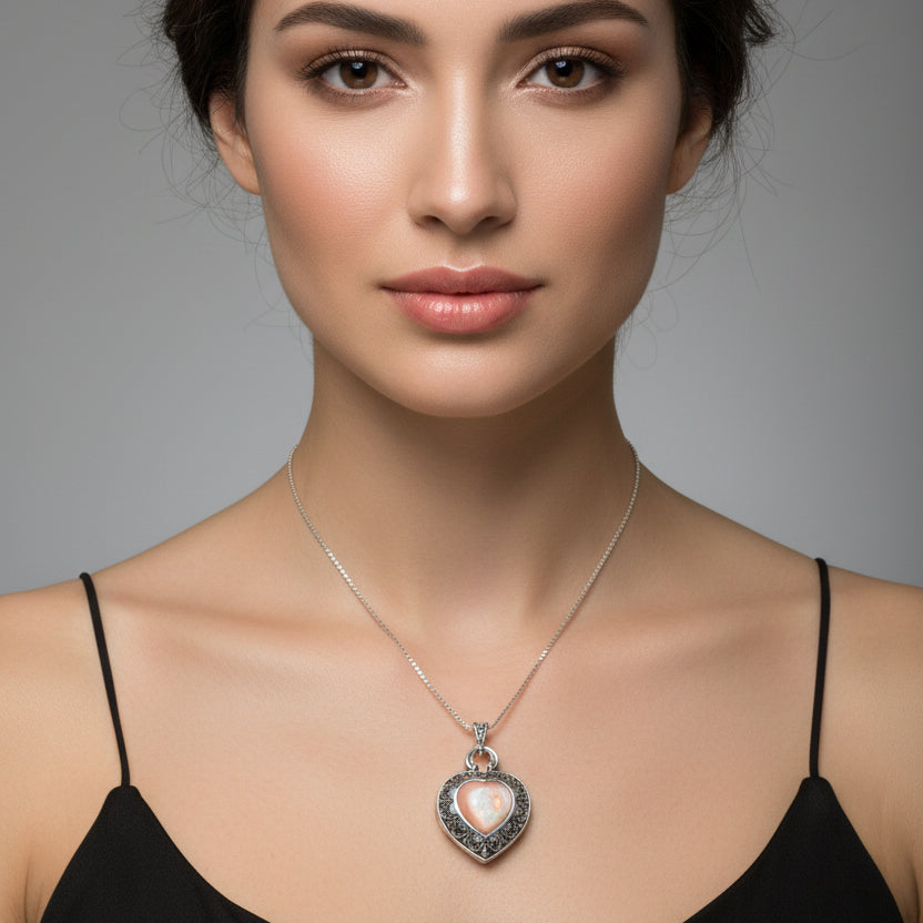 Locket Heart Marcasite Necklace in Sterling Silver — view 6