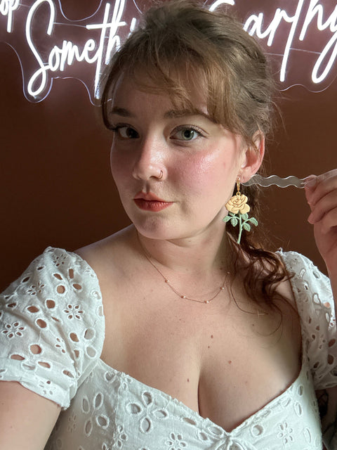 Load image into Gallery viewer, Long Stem Yellow Roses Dangle Earrings for Women
