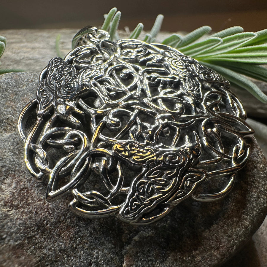 Pictish Triple Celtic Raven Necklace in Sterling Silver