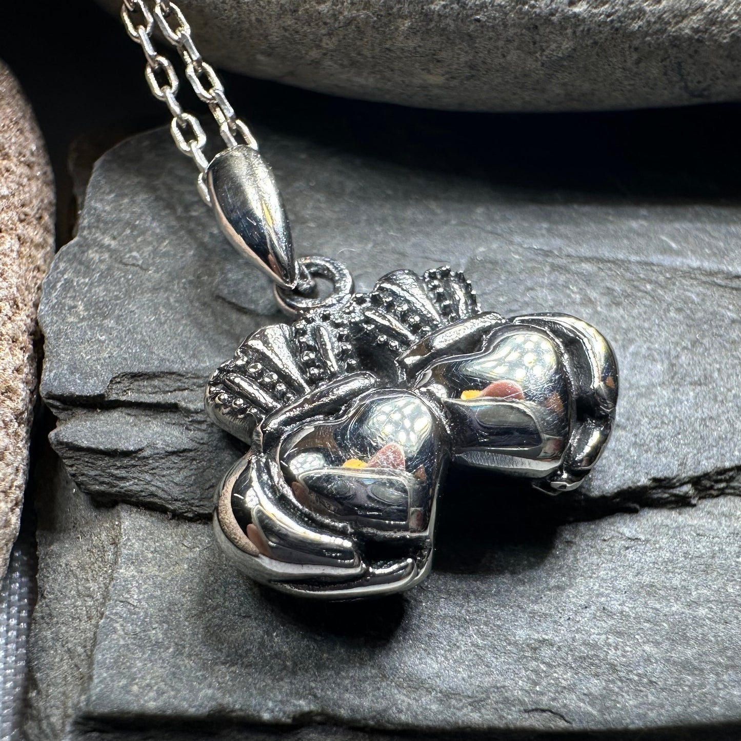 Croi Double Heart Irish Claddagh Necklace in Sterling Silver
