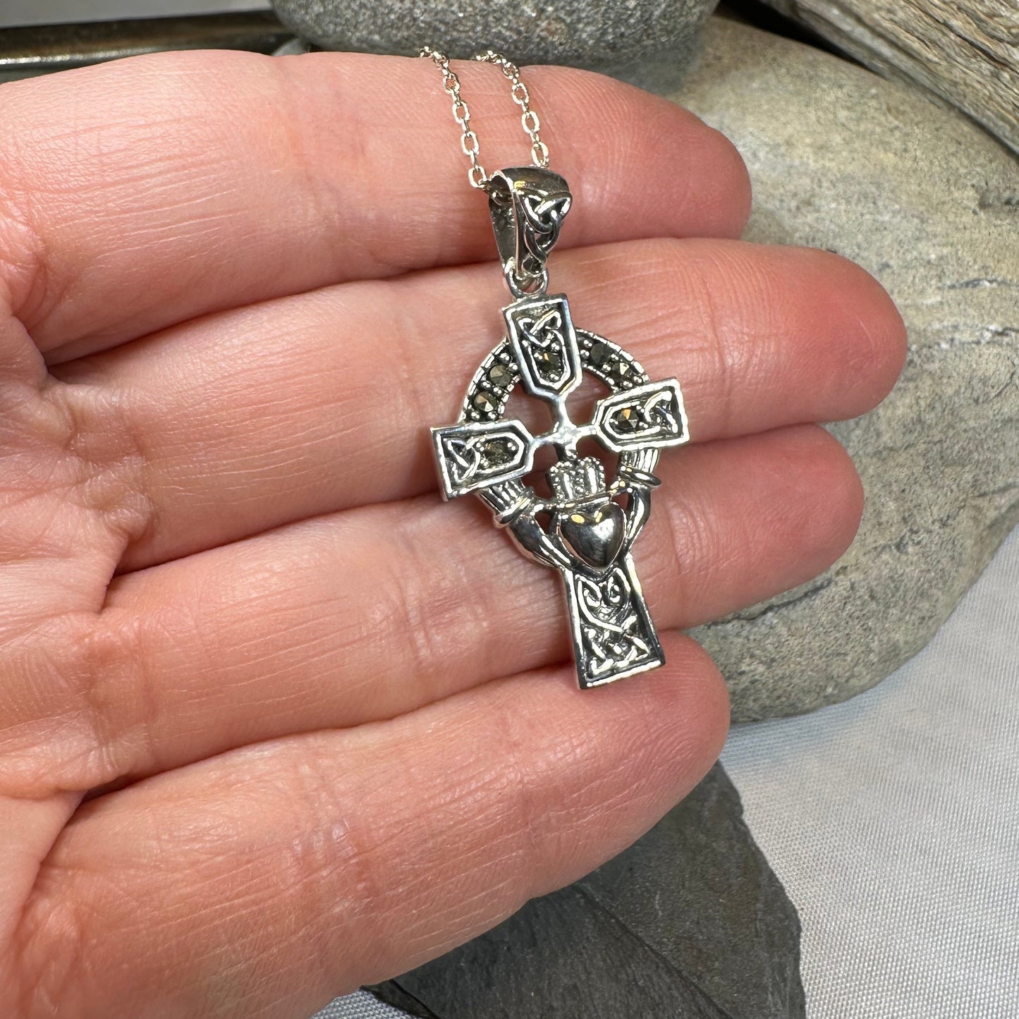 Marcasite Irish Claddagh Cross Necklace in Sterling Silver — view 6