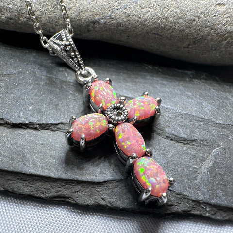 Load image into Gallery viewer, Rhosyn Opal Cross Necklace in Sterling Silver
