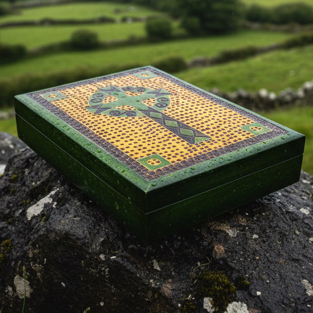 Green Celtic Cross Keepsake Box - Handmade Wooden Box
