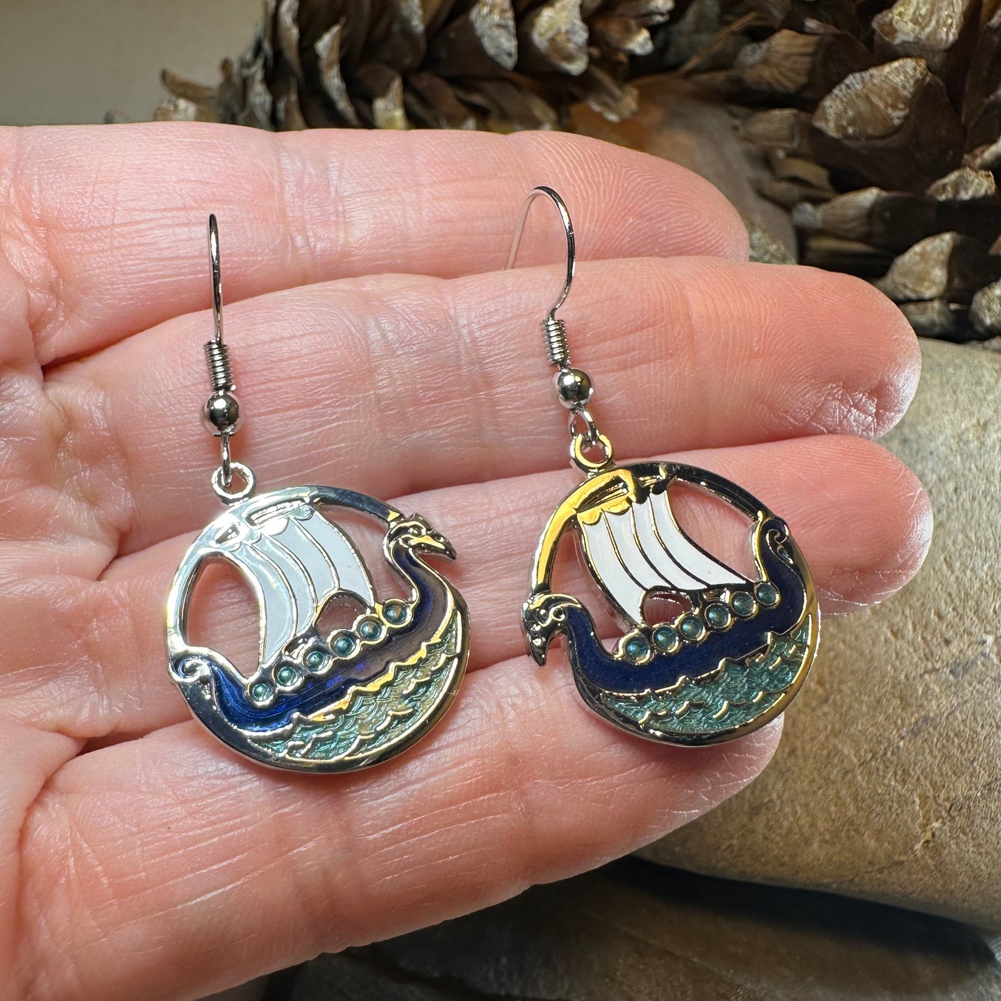 Oslo Viking Longship Enamel Earrings - Norse Jewelry