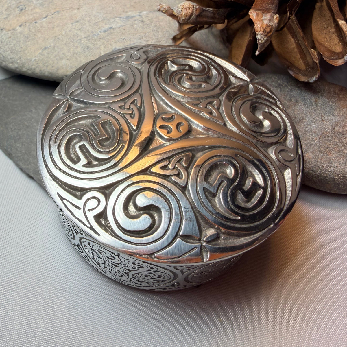 Round Celtic Triple Spiral Trinket Box  Handmade in Pewter
