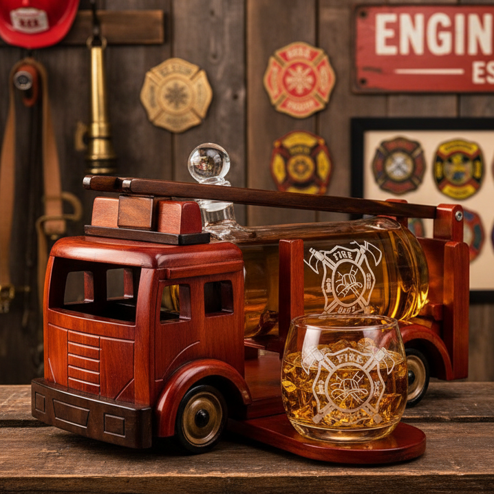 Vintage Firetruck Whiskey Decanter with Two Glasses