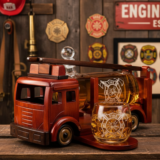 Vintage Firetruck Whiskey Decanter with Two Glasses