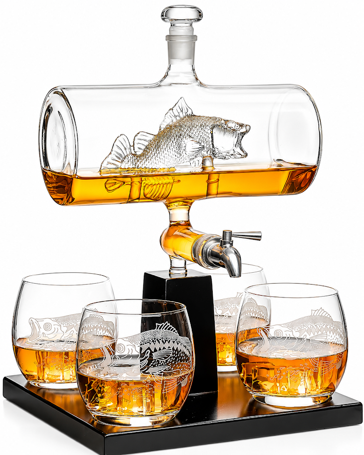 Bass Fish Wine Whiskey Decanter Set with 4 Bass Whiskey Glasses