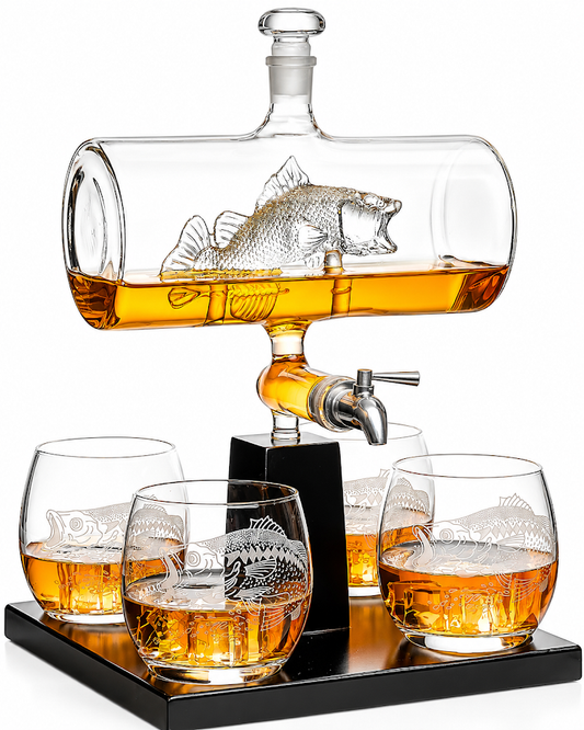 Bass Fish Wine Whiskey Decanter Set with 4 Bass Whiskey Glasses