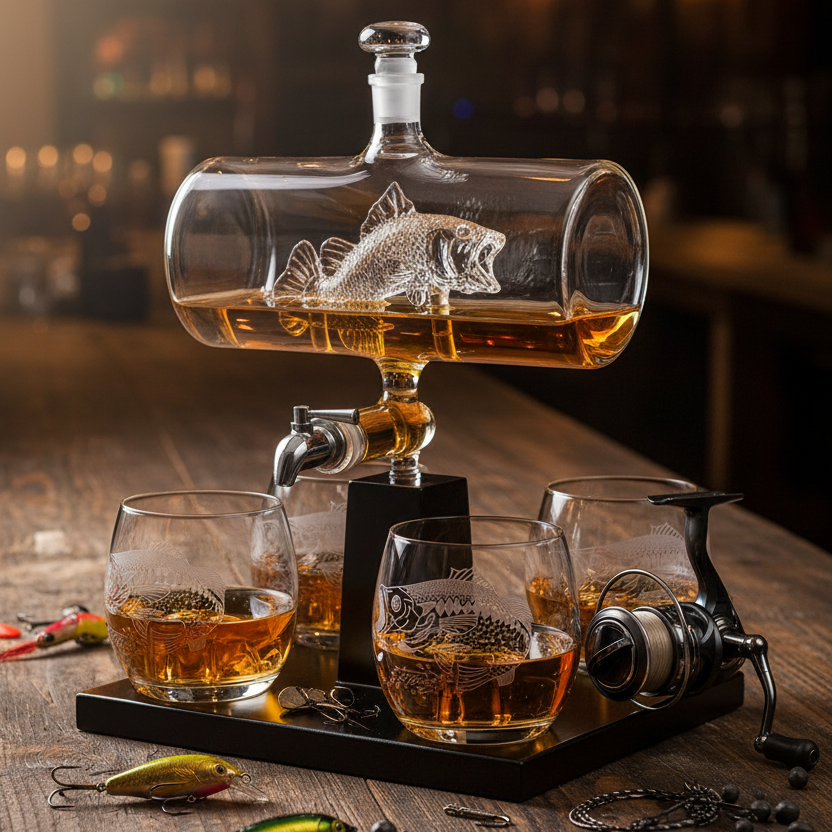 Bass Fish Wine Whiskey Decanter Set with 4 Bass Whiskey Glasses