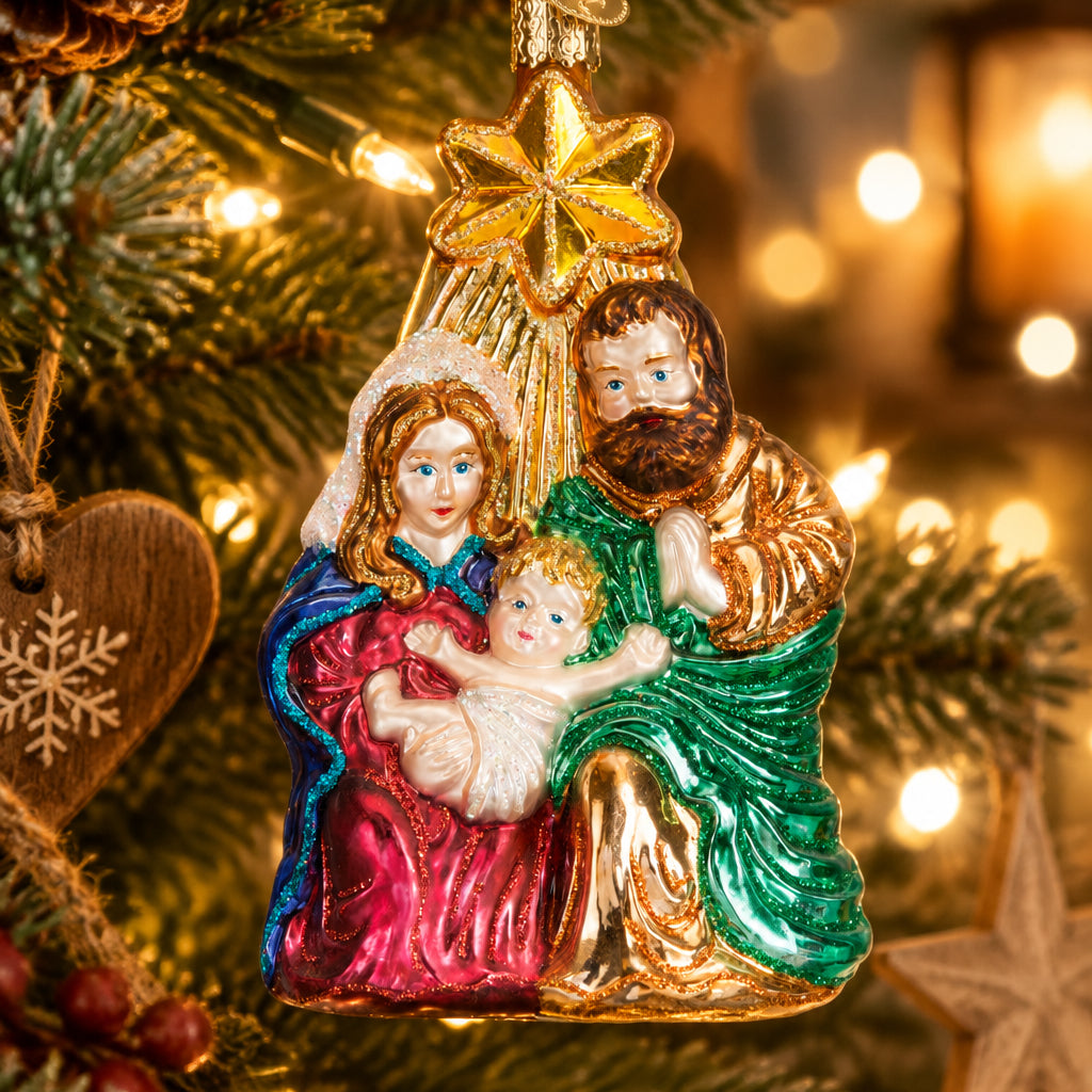 Holy Family With Star Christmas Ornament - Handblown Glass