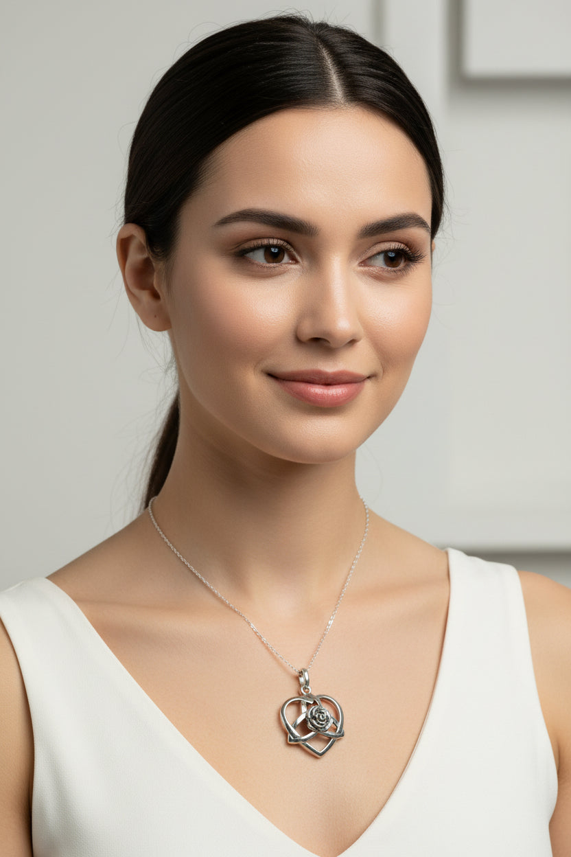 Celtic Rose Heart Necklace in Sterling Silver