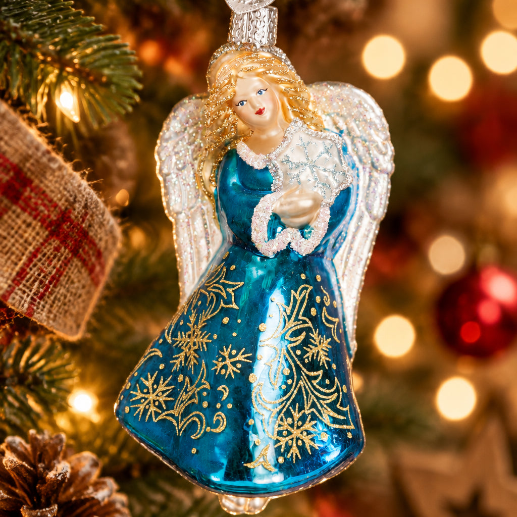 Glistening Snowflake Angel Ornament - Handblown Glass