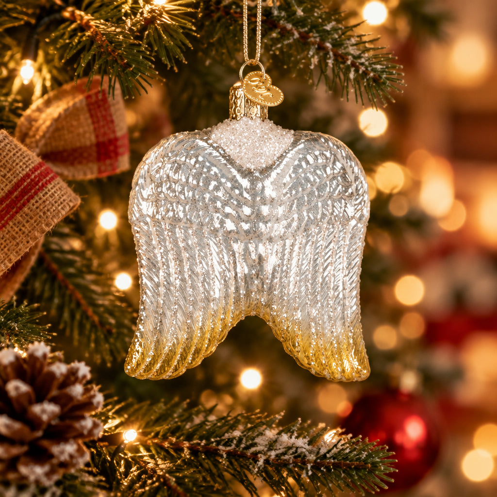 Sterling Angel Wings Ornament - Handblown Glass