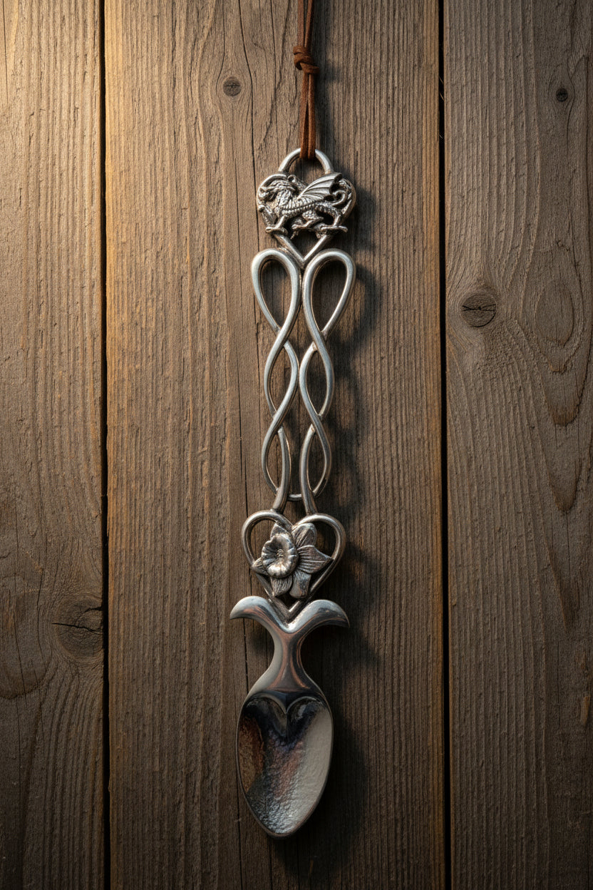 Large Traditional Welsh Daffodil & Dragon Love Spoon in Pewter