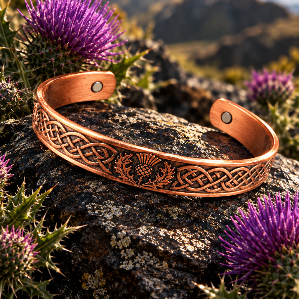 A copper cuff bracelet with engraved Celtic knotwork and a pinecone design, displayed on stacked stones with pinecones in the background.