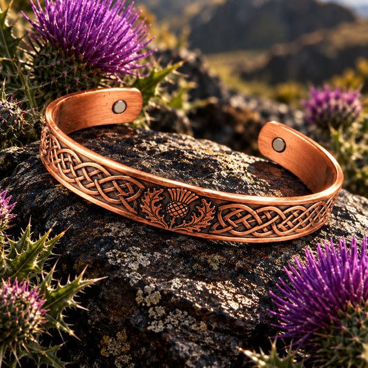 A copper cuff bracelet with engraved Celtic knotwork and a pinecone design, displayed on stacked stones with pinecones in the background.
