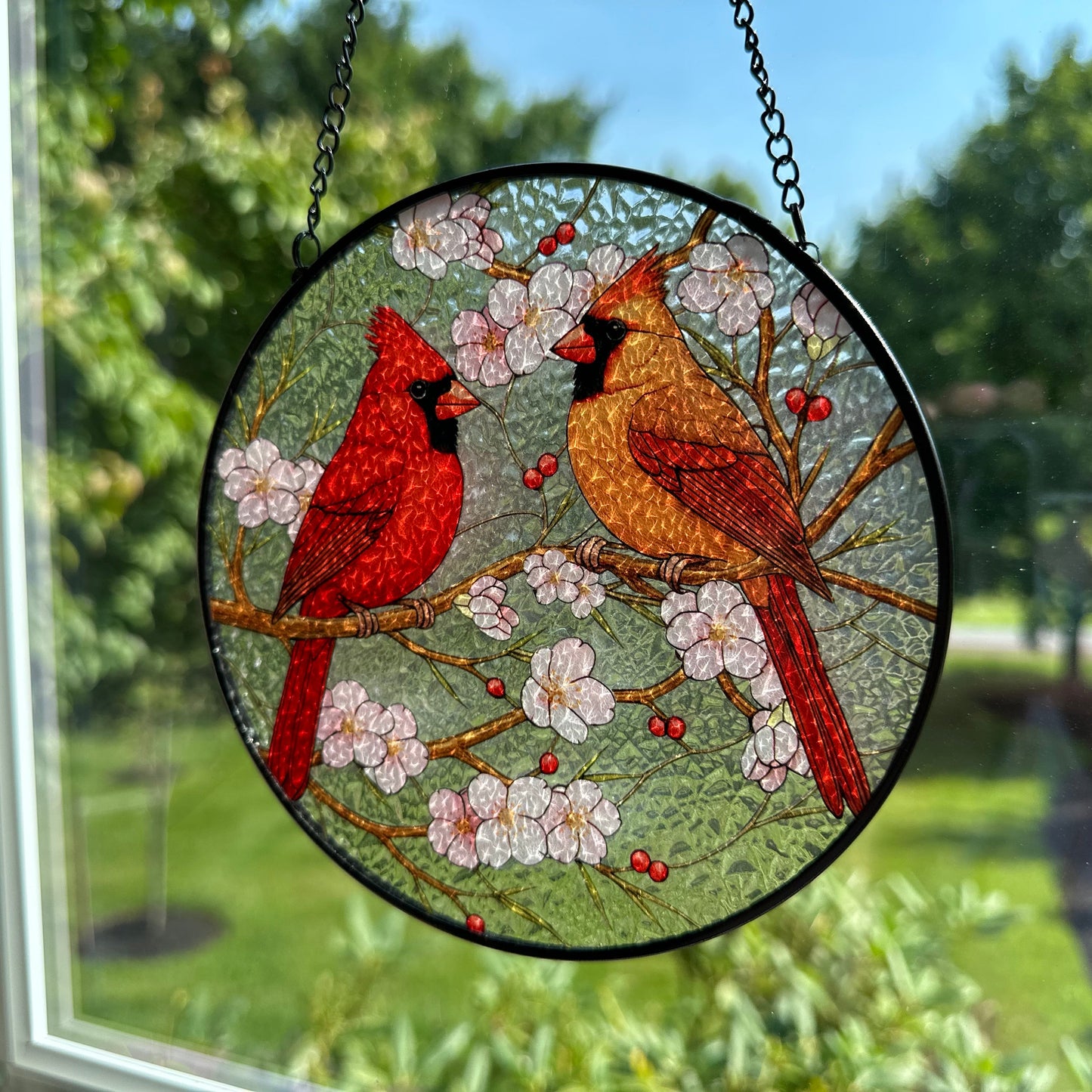 Cherry Blossom Cardinal Couple Suncatcher