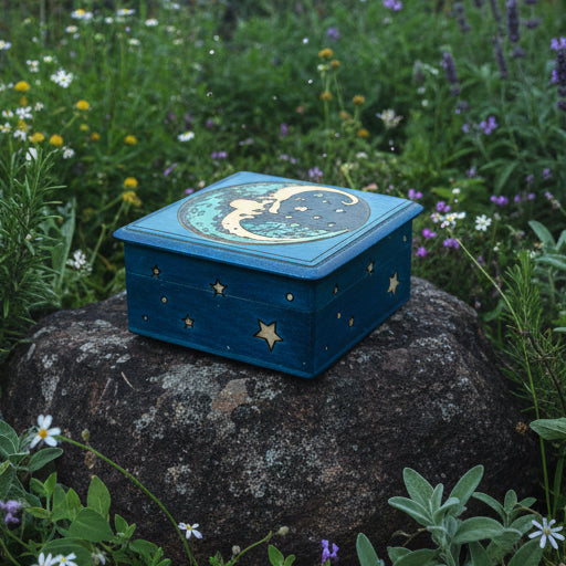 Midnight Blue Crescent Moon Keepsake Box - Handmade Wooden Box