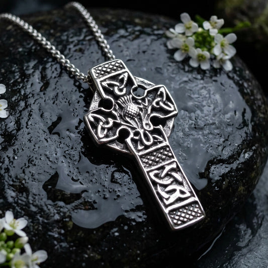 Scottish Thistle Celtic Cross Necklace in Sterling Silver