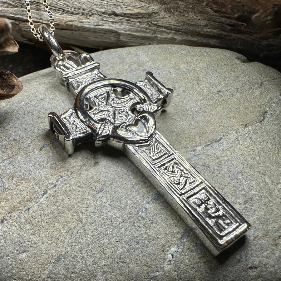 Large Artisan Irish Claddagh Cross Necklace - Made in Ireland
