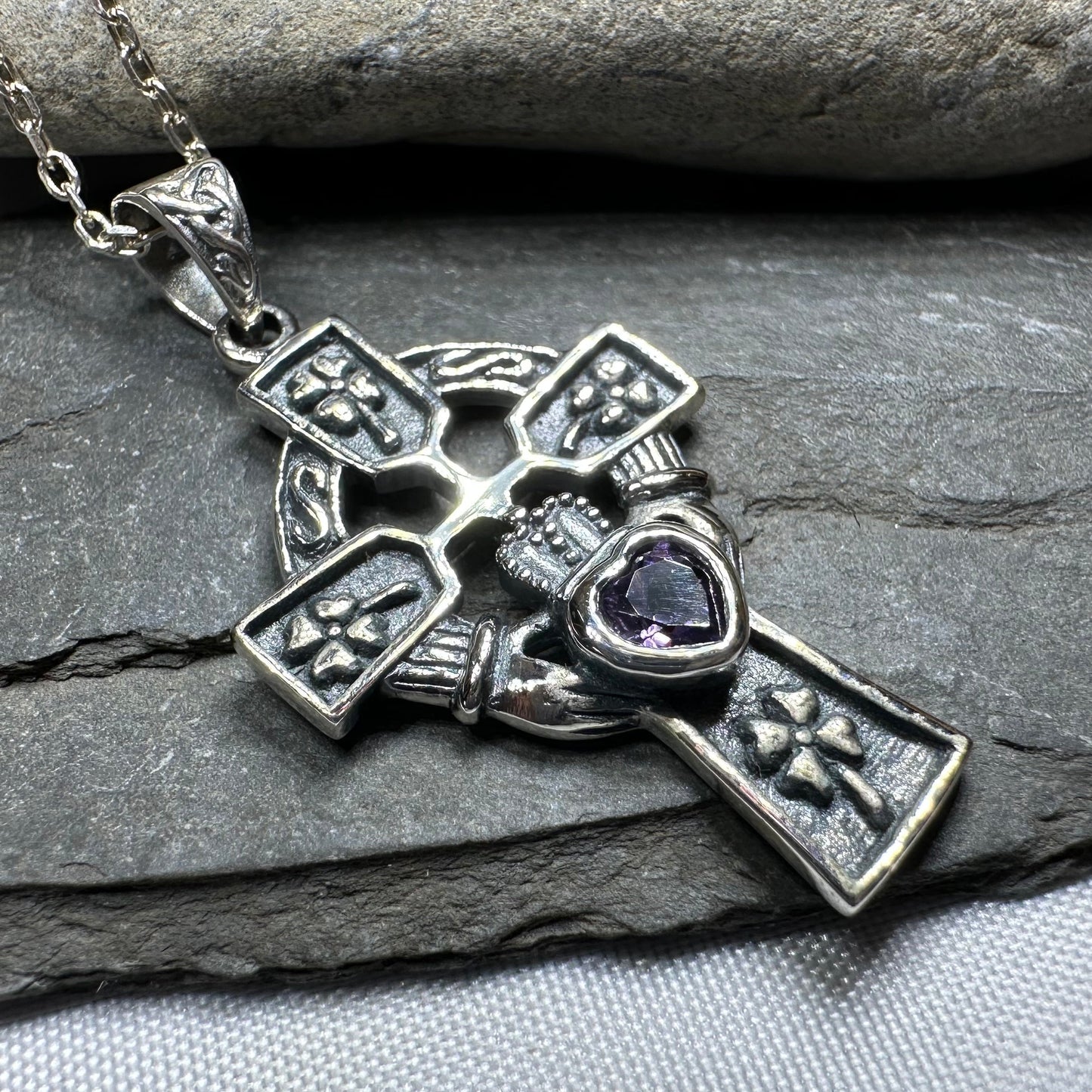 Irish Love Shamrock Claddagh Cross Necklace