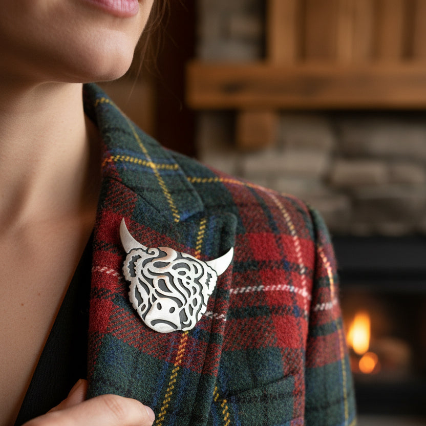 Large Celtic Highland Cow Brooch - Handmade in Scotland