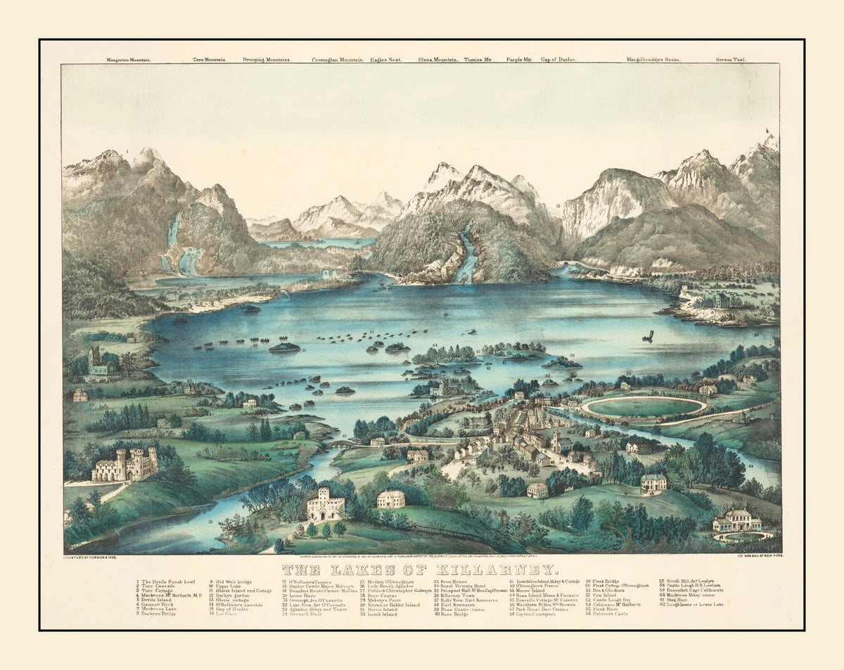 Vintage Lakes of Killarney Ireland Map 1867 Wall Art