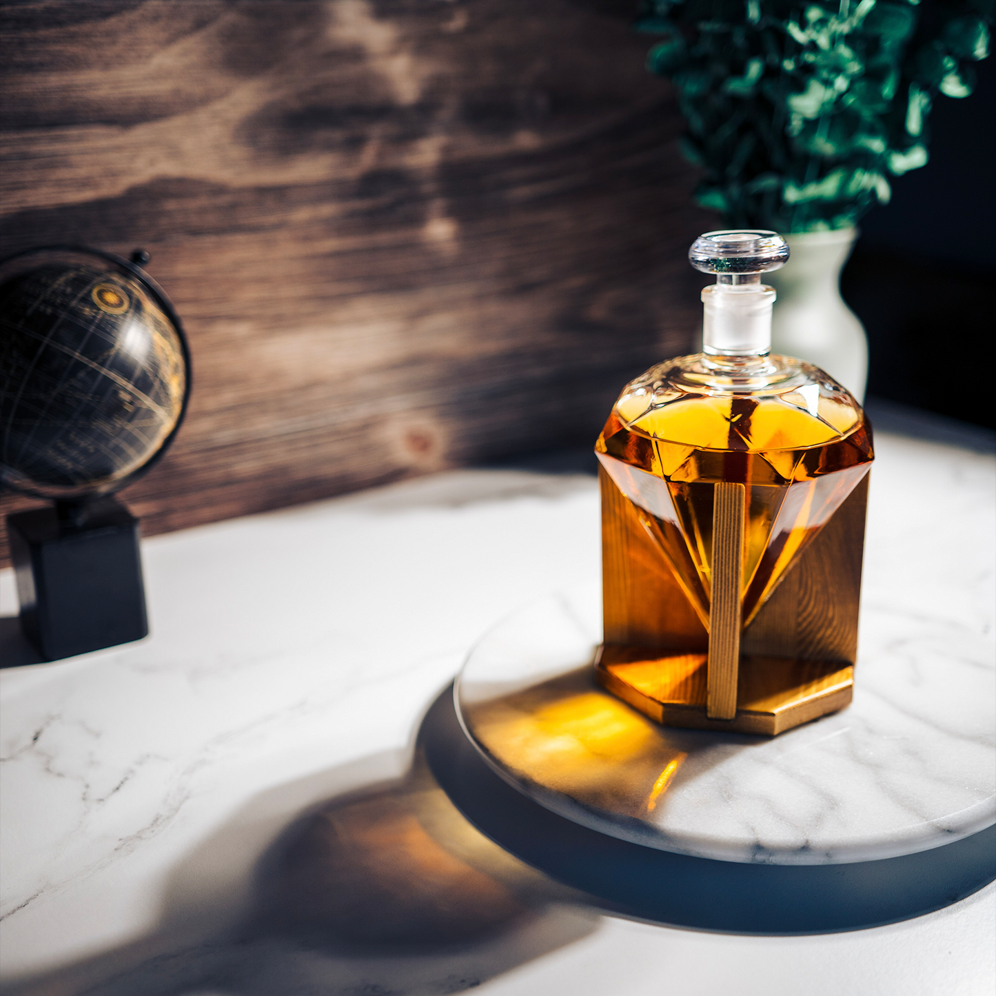 Diamond Decanter Premium Barware Gift with Mahogany Base