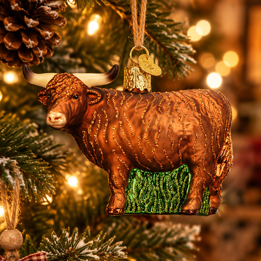 Scottish Highland Cow Christmas Ornament - Handblown Glass