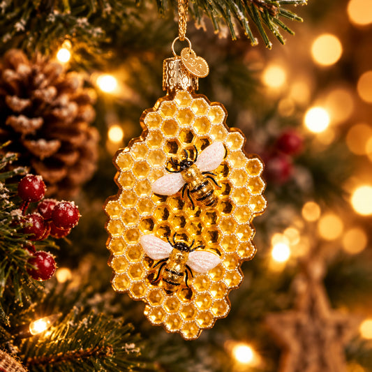 Honeycomb & Bees Ornament - Handblown Glass