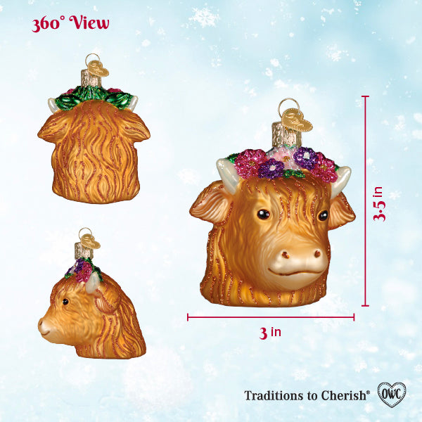 Floral Highland Cow Ornament - Handblown Glass
