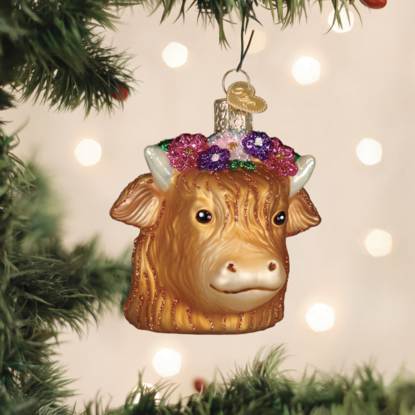 Floral Highland Cow Ornament - Handblown Glass