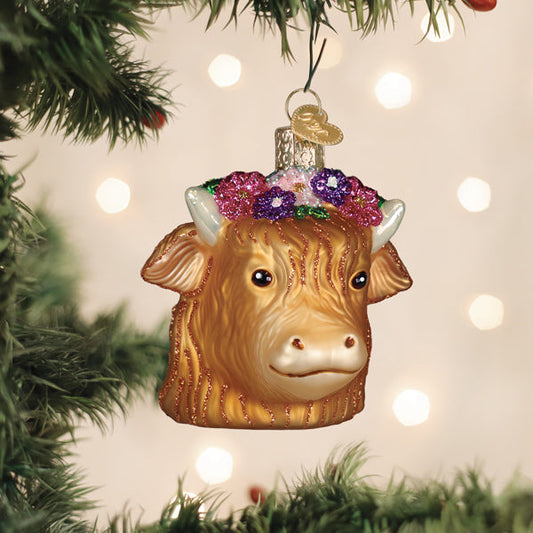 Floral Highland Cow Ornament - Handblown Glass