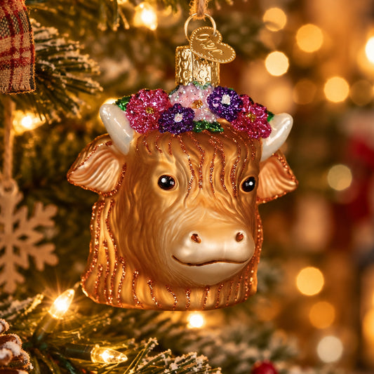 Floral Highland Cow Ornament - Handblown Glass